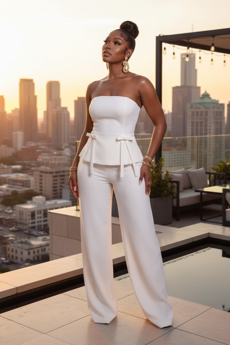 White Luxe Bow Detail Pant Set